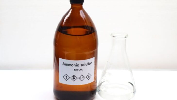 Una bottiglia di soluzione di ammoniaca e un recipiente di vetro