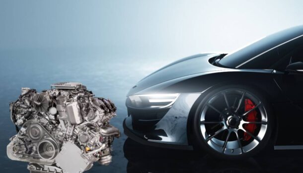 La parte anteriore di una supercar e il disegno di un motore