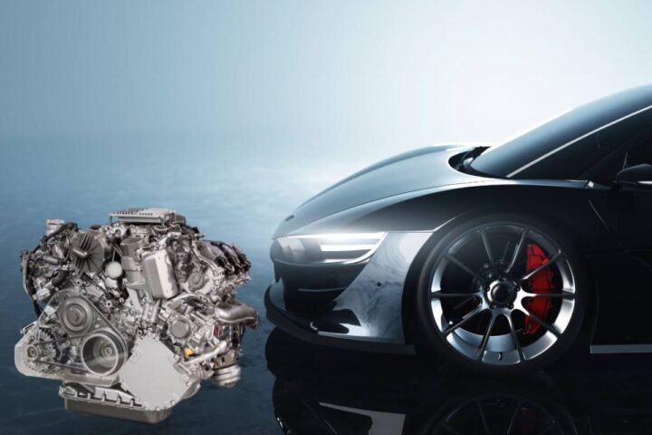 La parte anteriore di una supercar e il disegno di un motore