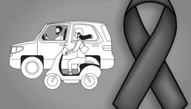 Simbolo lutto e il disegno di una donna su un motorino e un uomo su un'auto