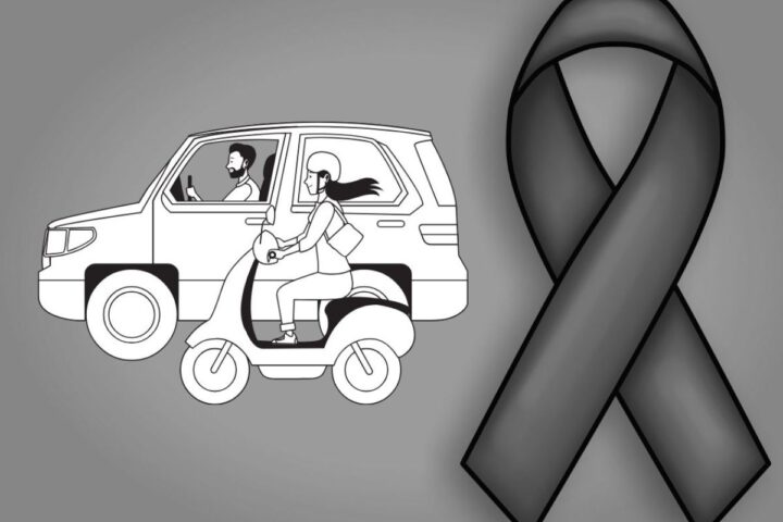 Simbolo lutto e il disegno di una donna su un motorino e un uomo su un'auto