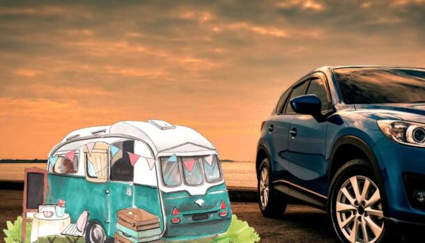 Un SUV e il disegno di un camper