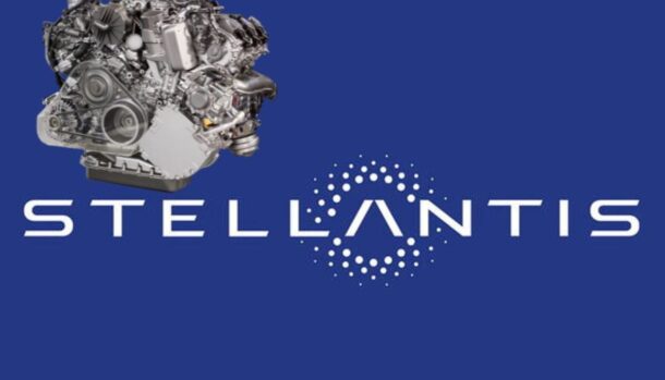 Il logo Stellantis e il disegno di un motore