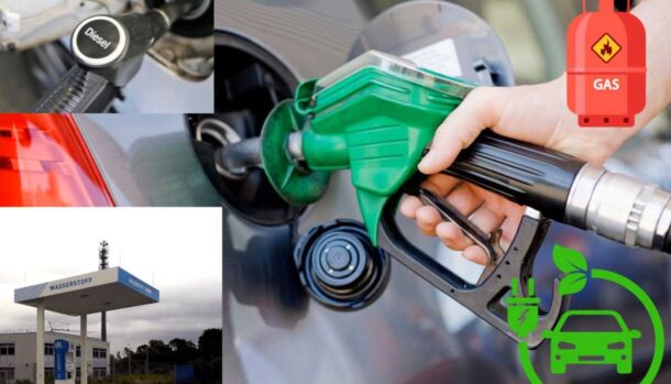 Un'auto fa rifornimento di benzina, una bombola di GPL, un distributore di idrogeno, il disegno di un'auto elettrica e una pompa diesel