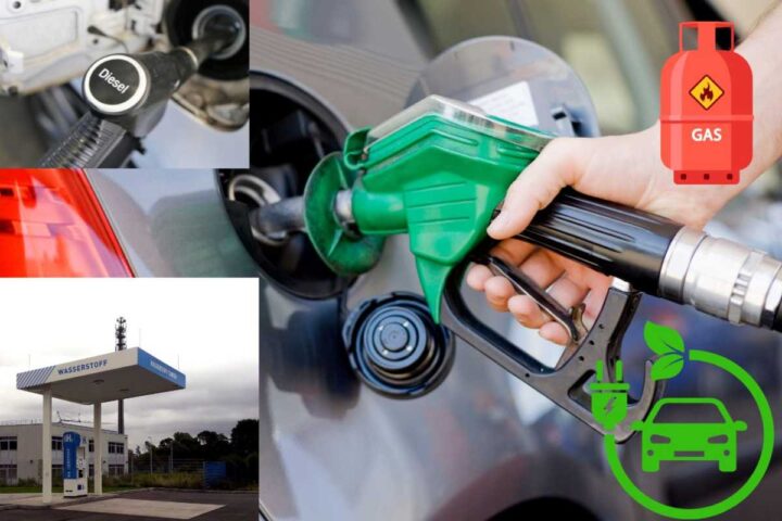 Un'auto fa rifornimento di benzina, una bombola di GPL, un distributore di idrogeno, il disegno di un'auto elettrica e una pompa diesel