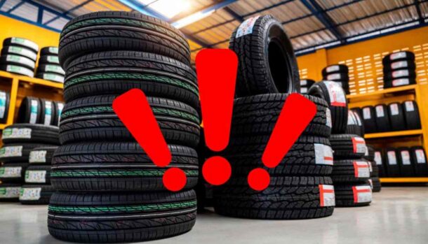 Delle pile di pneumatici e tre punti esclamativi di attenzione