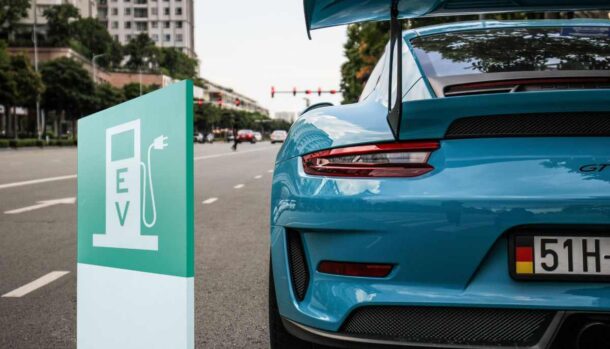 il posteriore di una Porsche e il disegno di una colonnina di ricarica