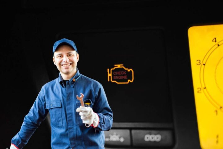 La spia del motore dell'auto accesa e un meccanico