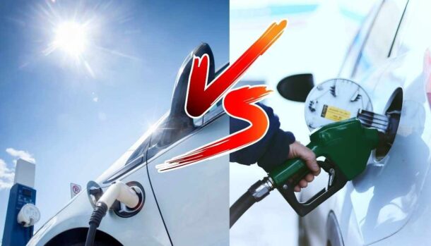 Un'auto elettrica e una a motore termico in rifornimento e la scritta VS
