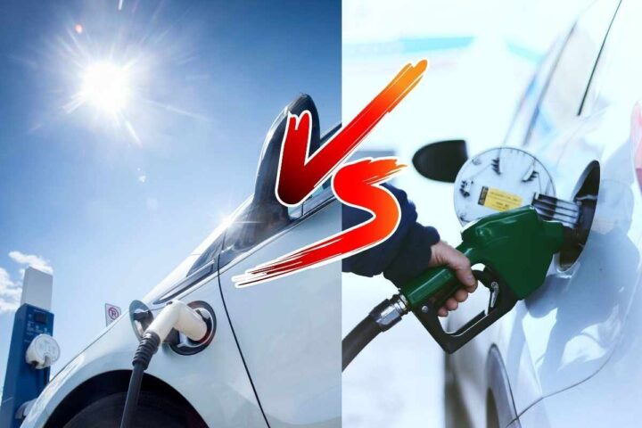Un'auto elettrica e una a motore termico in rifornimento e la scritta VS