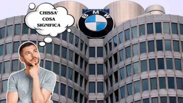 La fabbrica ed il logo BMW ed un uomo che si chiede il significato dell'acronimo