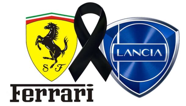 I loghi di Ferrari e Lancia e il fiocco del lutto
