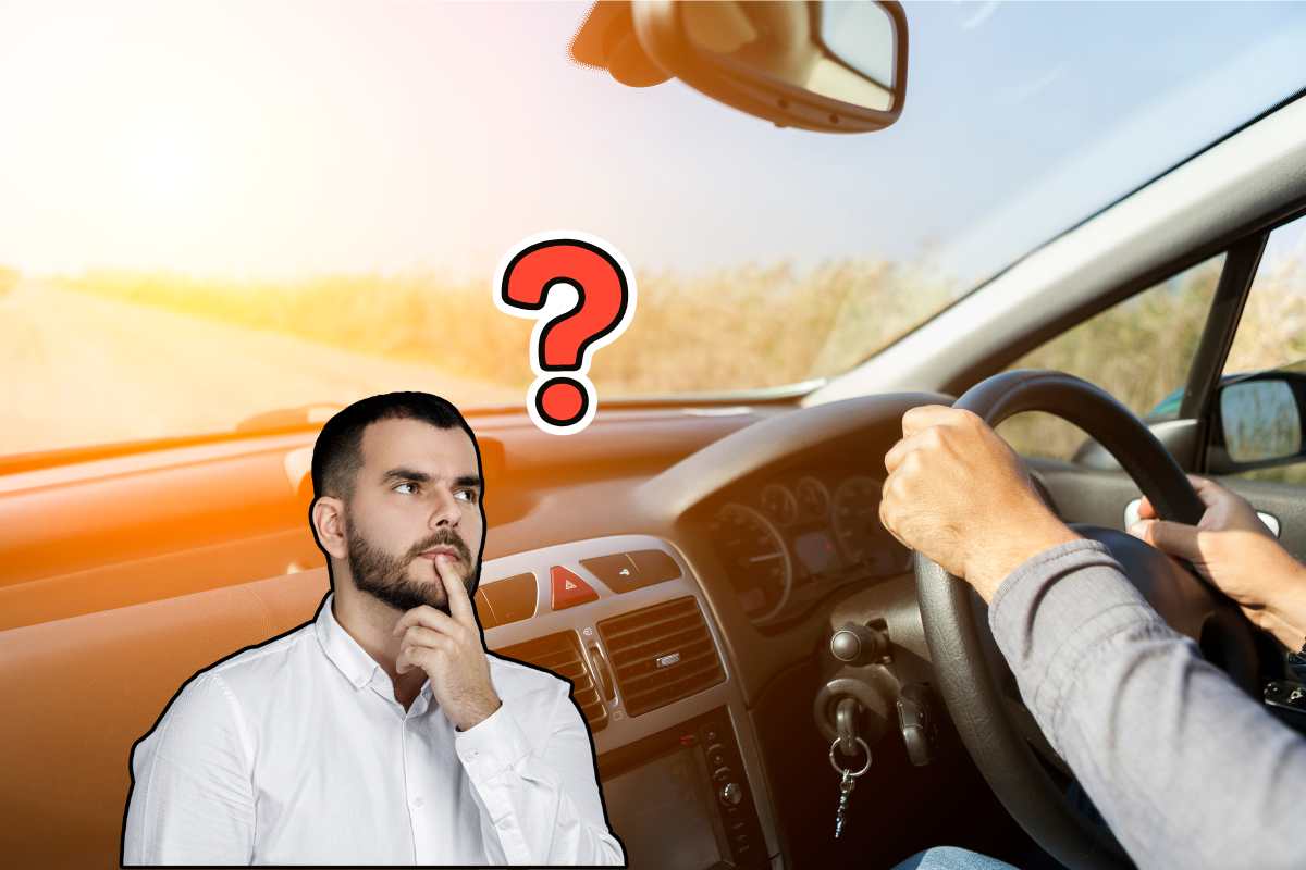 Auto con volante a destra e persona dubbiosa che si domanda il perché
