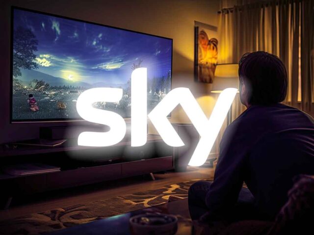 logo Sky con dietro una televisione
