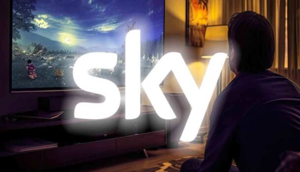 logo sky con dietro una televisione