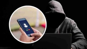 nel riquadro un telefono e dietro un uomo incappucciato