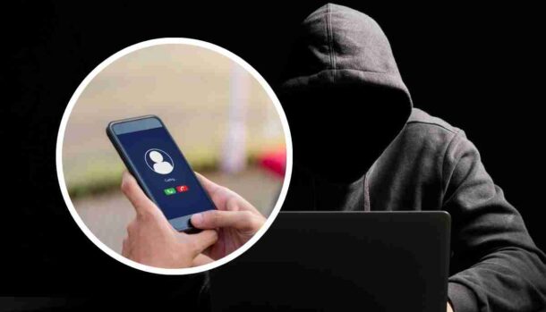 nel riquadro un telefono e dietro un uomo incappucciato