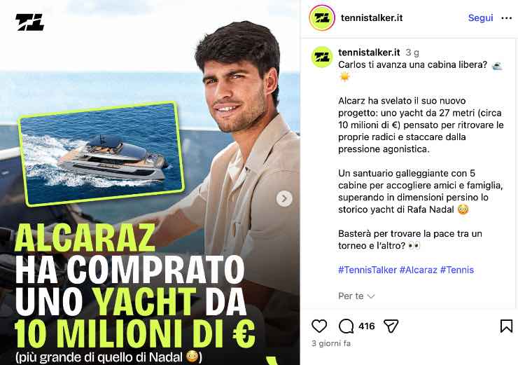 Carlos Alcaraz novità yacht 10 milioni